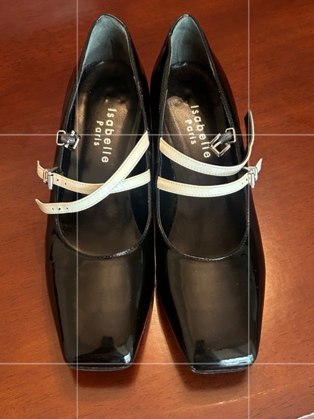 Black Patent Mary Jane Flats with Cream Double Straps